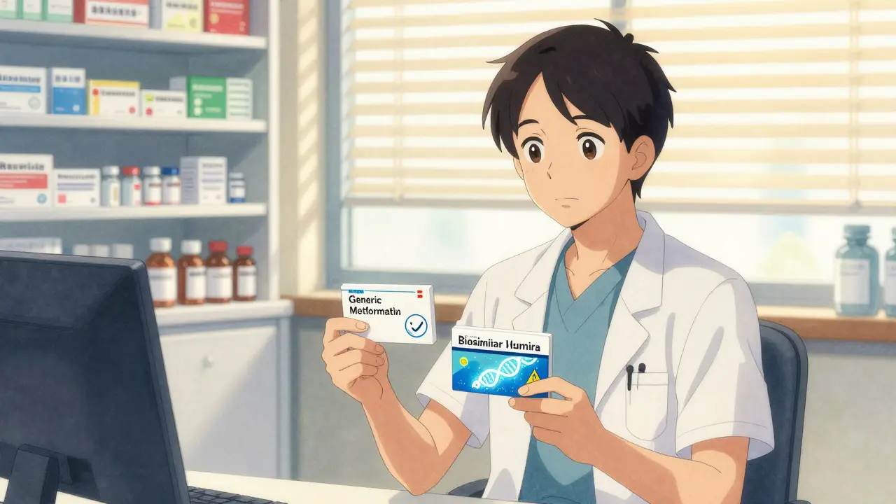 A patient holding prescriptions for generic and biosimilar drugs, with contrasting imagery behind them in a doctor's office.