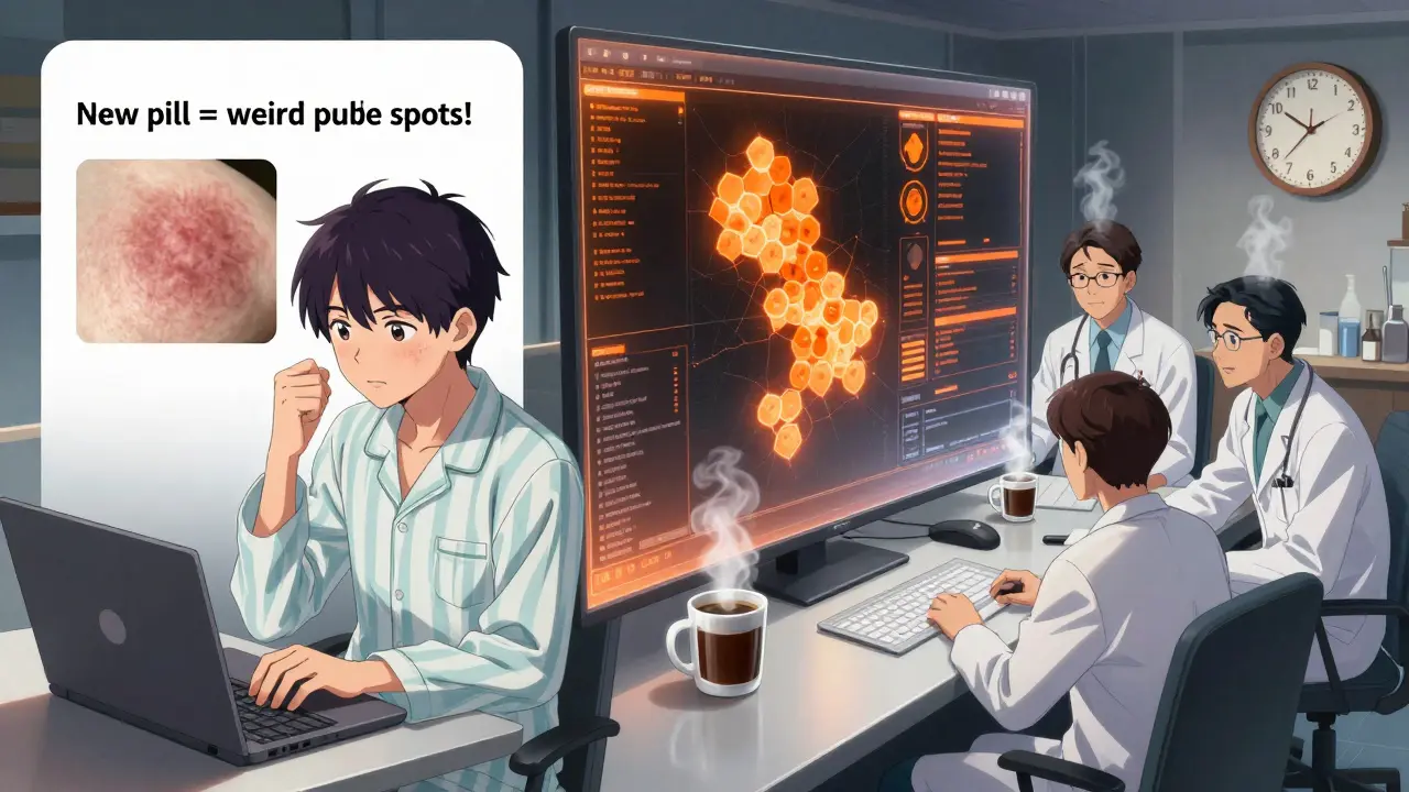 A patient posts about a rash online while medical analysts analyze clustered social media reports on a holographic dashboard.