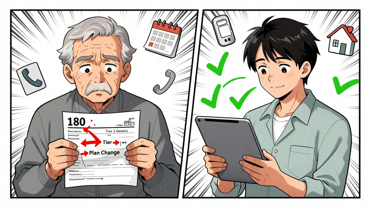 A split manga panel showing a senior confused by a high drug bill on one side, and empowered using a plan comparison tool on the other.