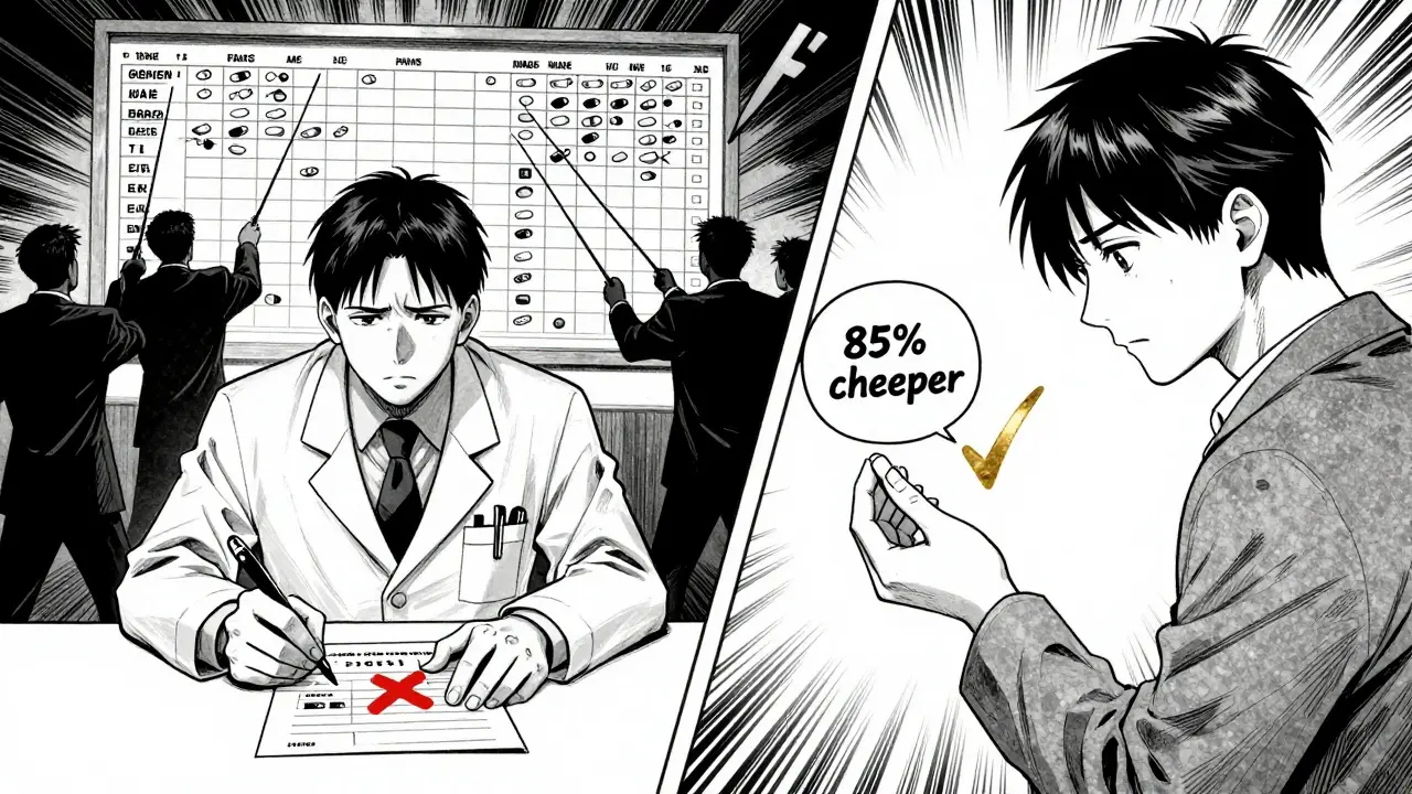 A split scene showing a brand-name drug being rejected and a generic one accepted, with corporate figures pulling strings.