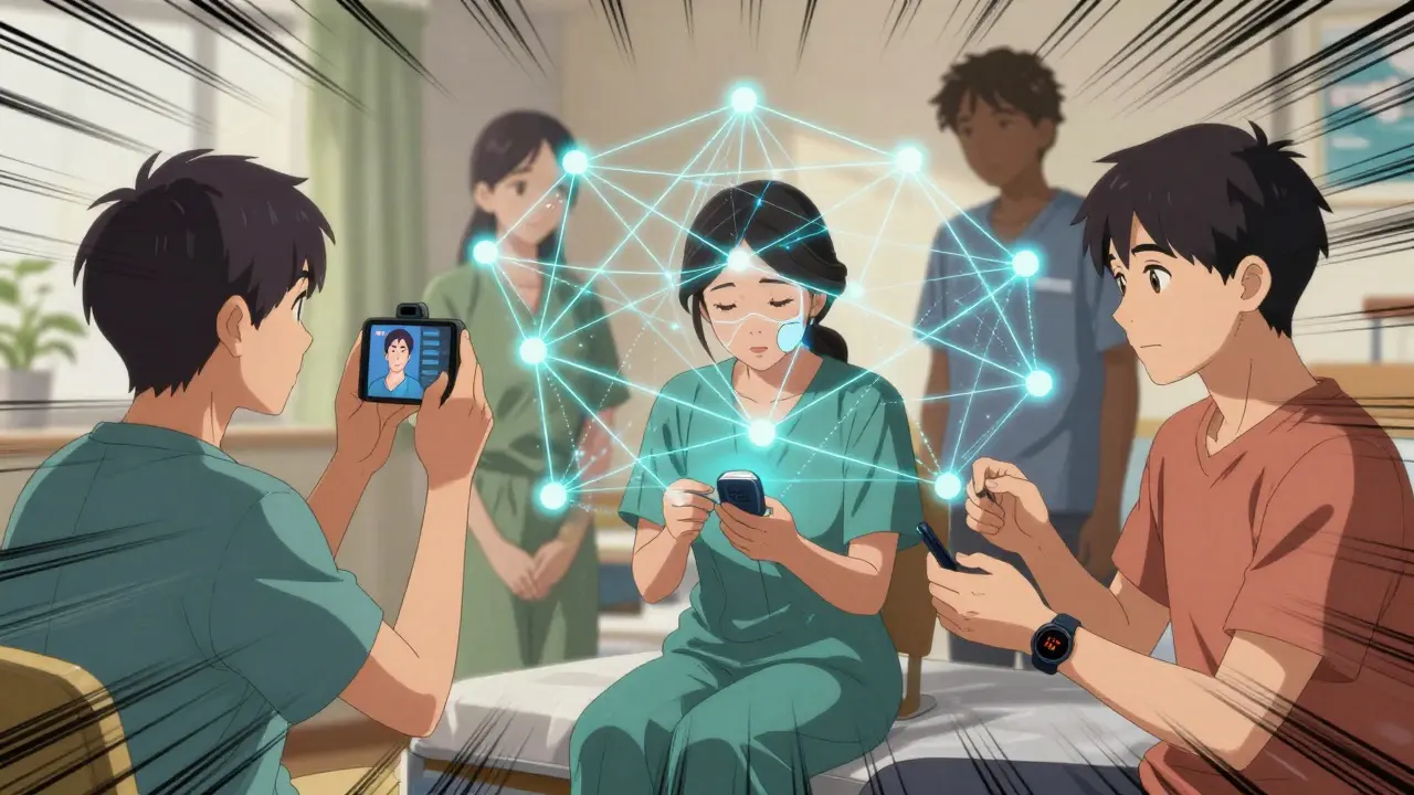 Diverse group of users connected by glowing data threads, each using different health monitoring devices at home.