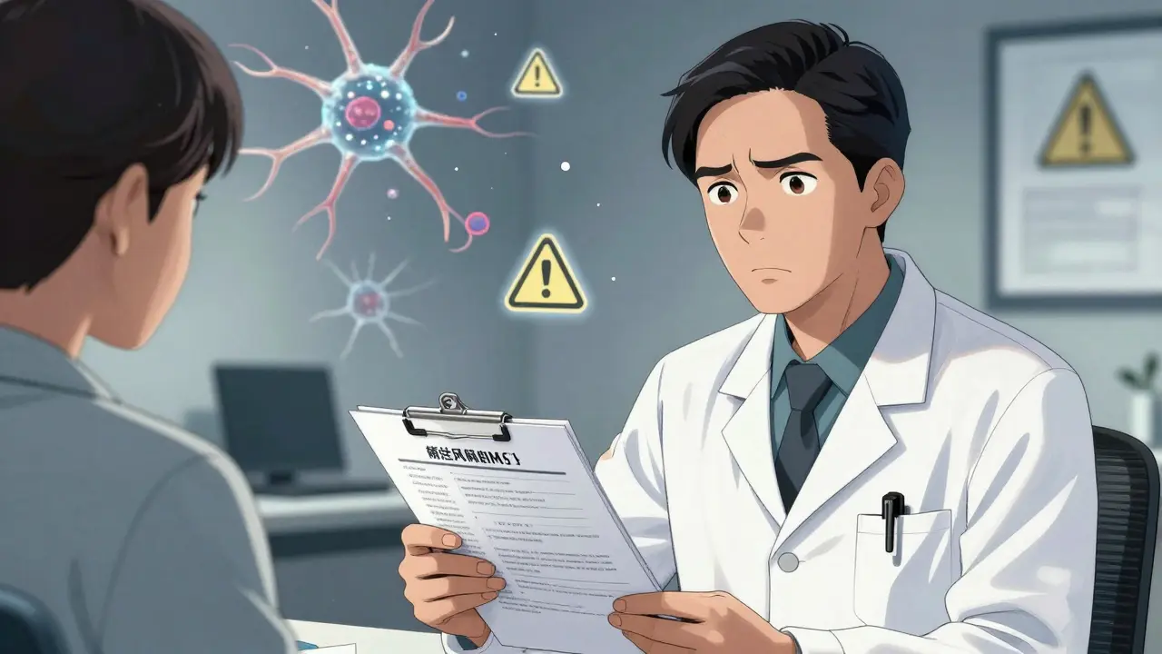 Doctor reviewing file with patient, warning symbols in background, manga style.