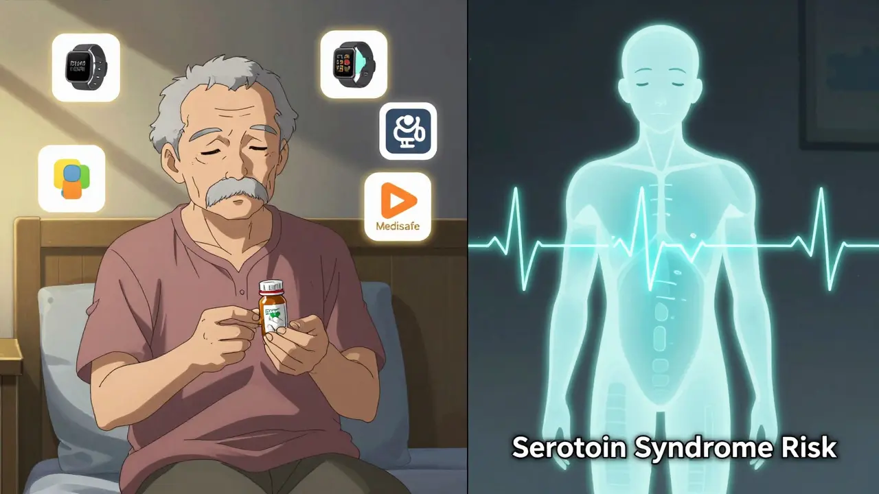 Elderly patient with digital body avatar showing warning signs of serotonin syndrome, medication bottle in hand.