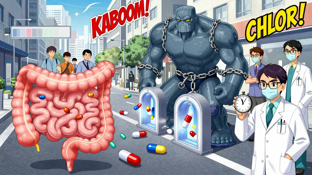 Human intestine as a city street where zinc golems block antibiotic capsules from reaching absorption gates.