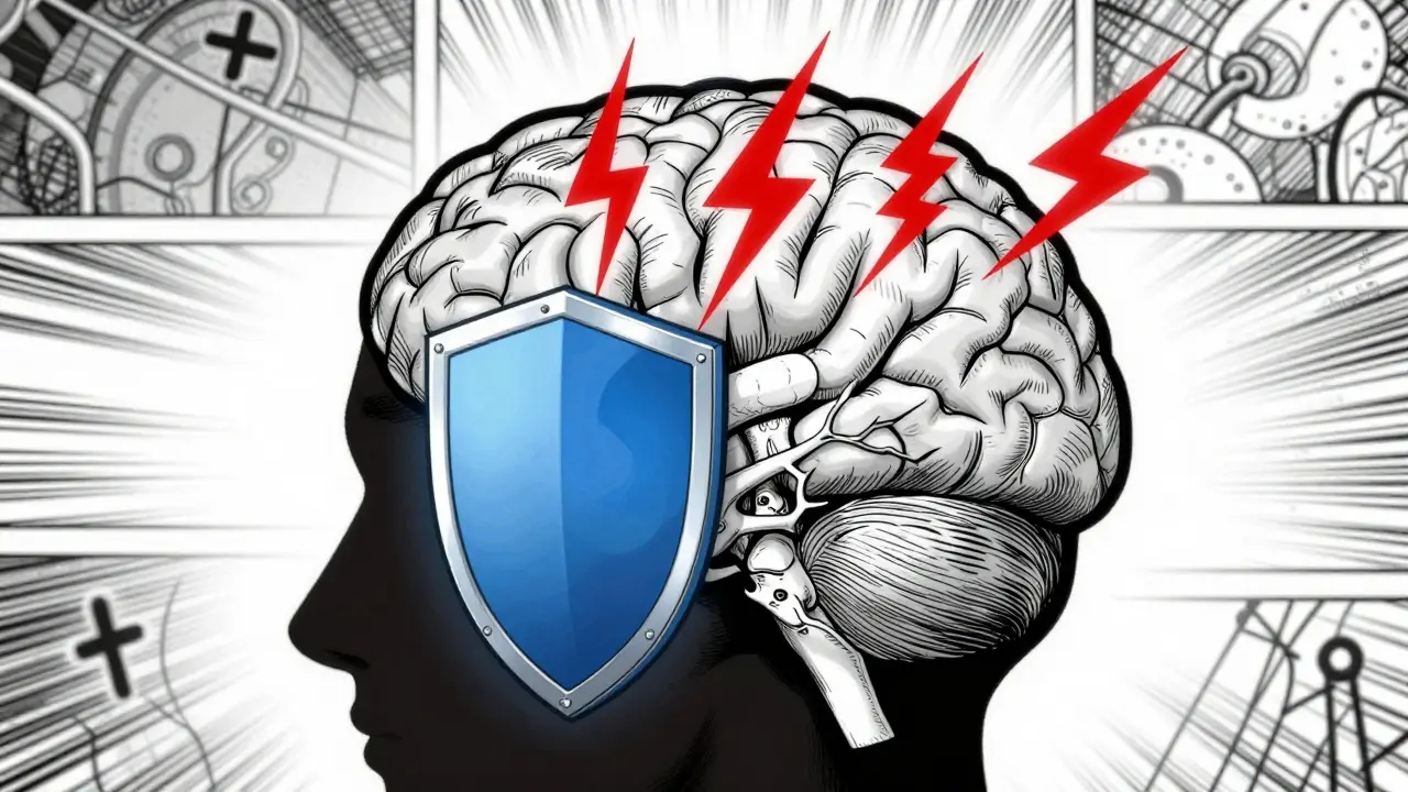 Illustrated brain diagram showing stress reduction in black and white comic art.