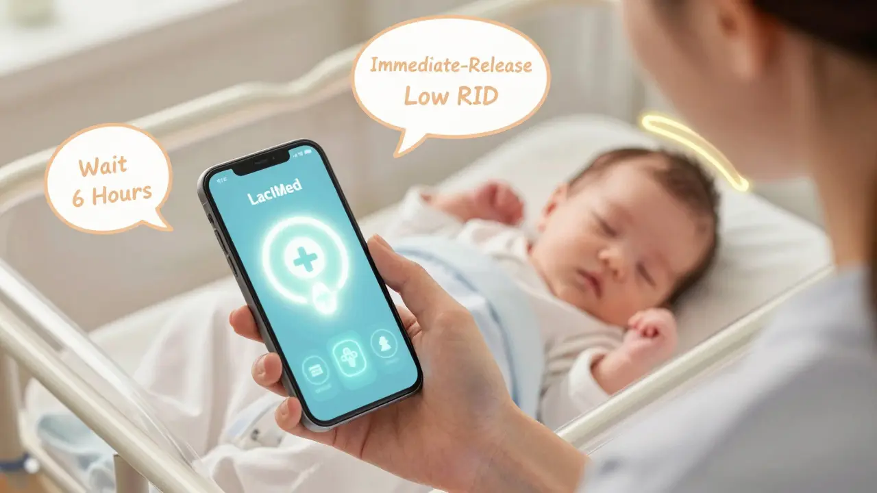Mother using LactMed app while premature baby sleeps safely, with medical terms floating as gentle speech bubbles.