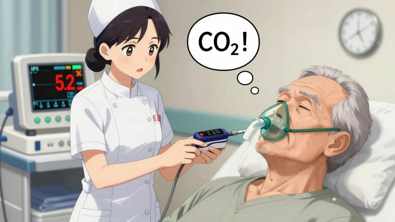 Nurse monitoring elderly patient during dental procedure, IPI alert flashing red while breathing is barely visible.