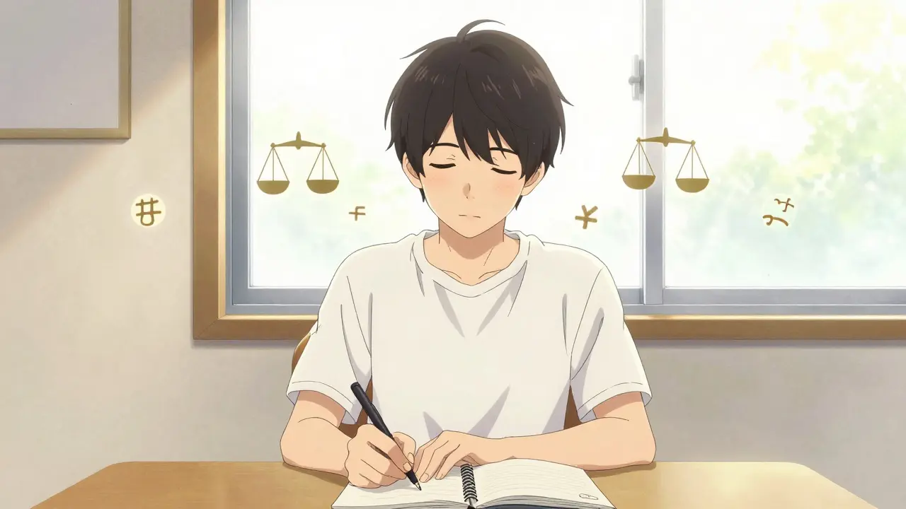 Patient writing in journal by window, calm atmosphere, manga style.