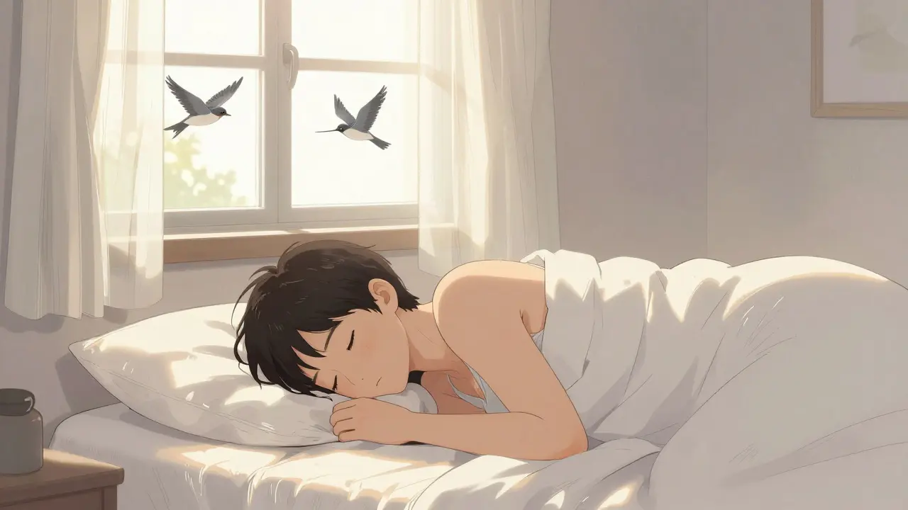 Peaceful sleeper in a sunlit room depicted in manga comic style.