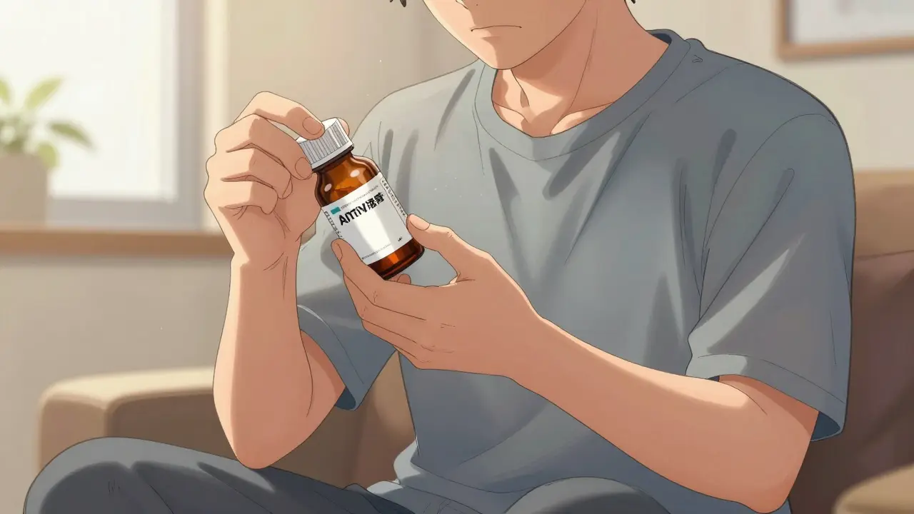 Person holding medication bottle in home setting looking relieved.