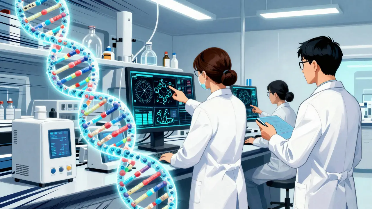 Scientists in lab examining floating DNA strands for viral diagnostics.