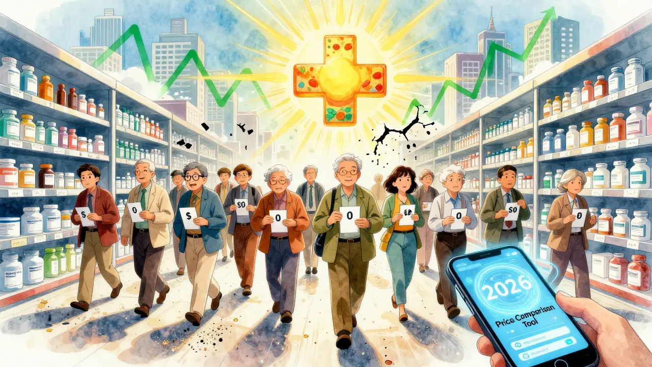 Seniors walking through a crumbling ,000 cost barrier as generic medications glow with <h2>What’s Coming Next</h2> price tags, under a radiant pharmacy-cross sun.
