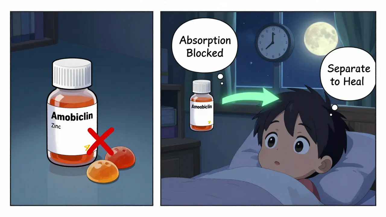 Split manga panel showing antibiotics and zinc separated by a 4-hour gap with glowing arrows and a clock.