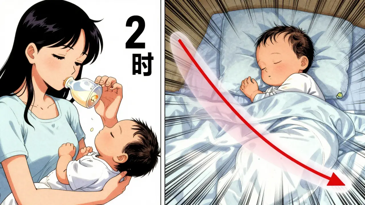Split-panel illustration showing medication timing: pill intake followed by falling drug concentration curves during baby's sleep.