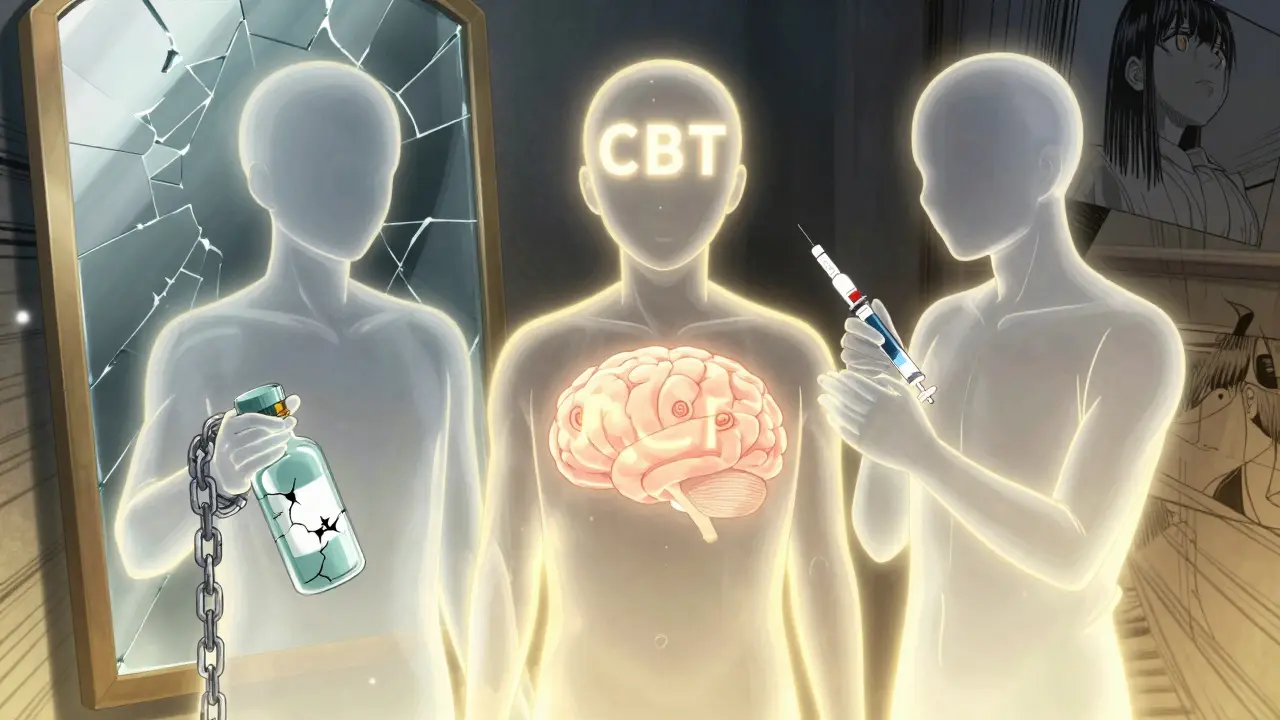 Three glowing figures representing addiction, therapy, and medication, framed in a shattered mirror with emotional transformation.