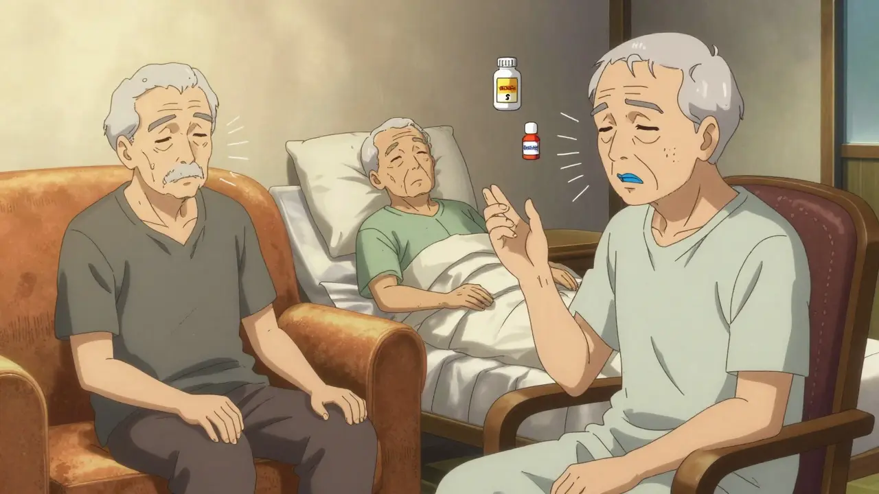 Three seniors at home showing signs of over-sedation — unresponsive hand, shallow breath, cold skin — with medication bottles nearby.