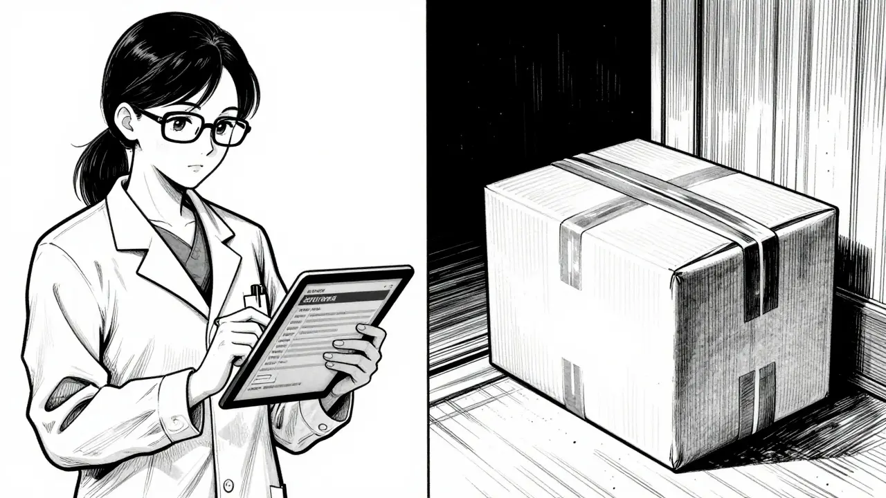 A doctor reviewing a patient's medical data and a medication package being delivered.