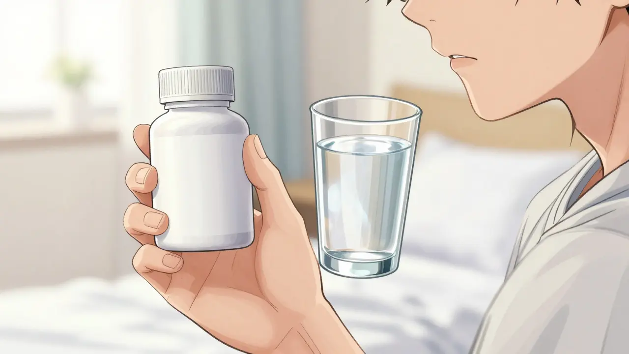 A hand holding a bottle of medication and a glass of water for treatment.