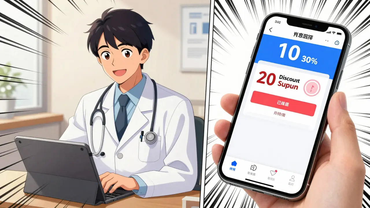 Doctor on a telehealth call and a pharmacy discount app in manga style