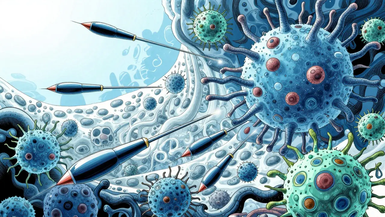 Guided drug molecules targeting specific cancer cells in dynamic manga illustration.