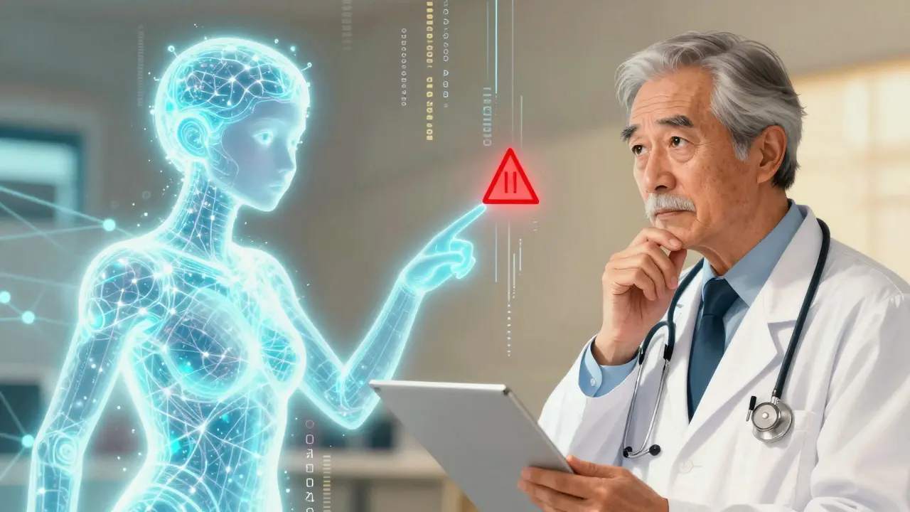 Manga art showing an AI entity flagging a safety signal for a doctor to review.