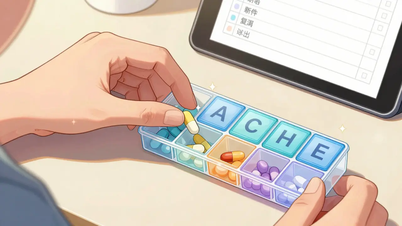 Manga drawing of a hand organizing different colored pills in a weekly organizer