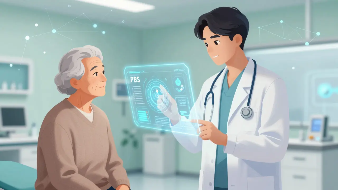 Manga illustration of a doctor and patient using a futuristic AI prescription interface.
