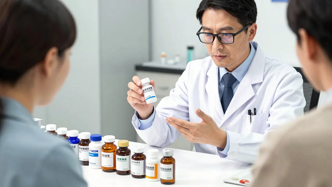 Manga illustration of a doctor discussing custom dosing with various medicine bottles