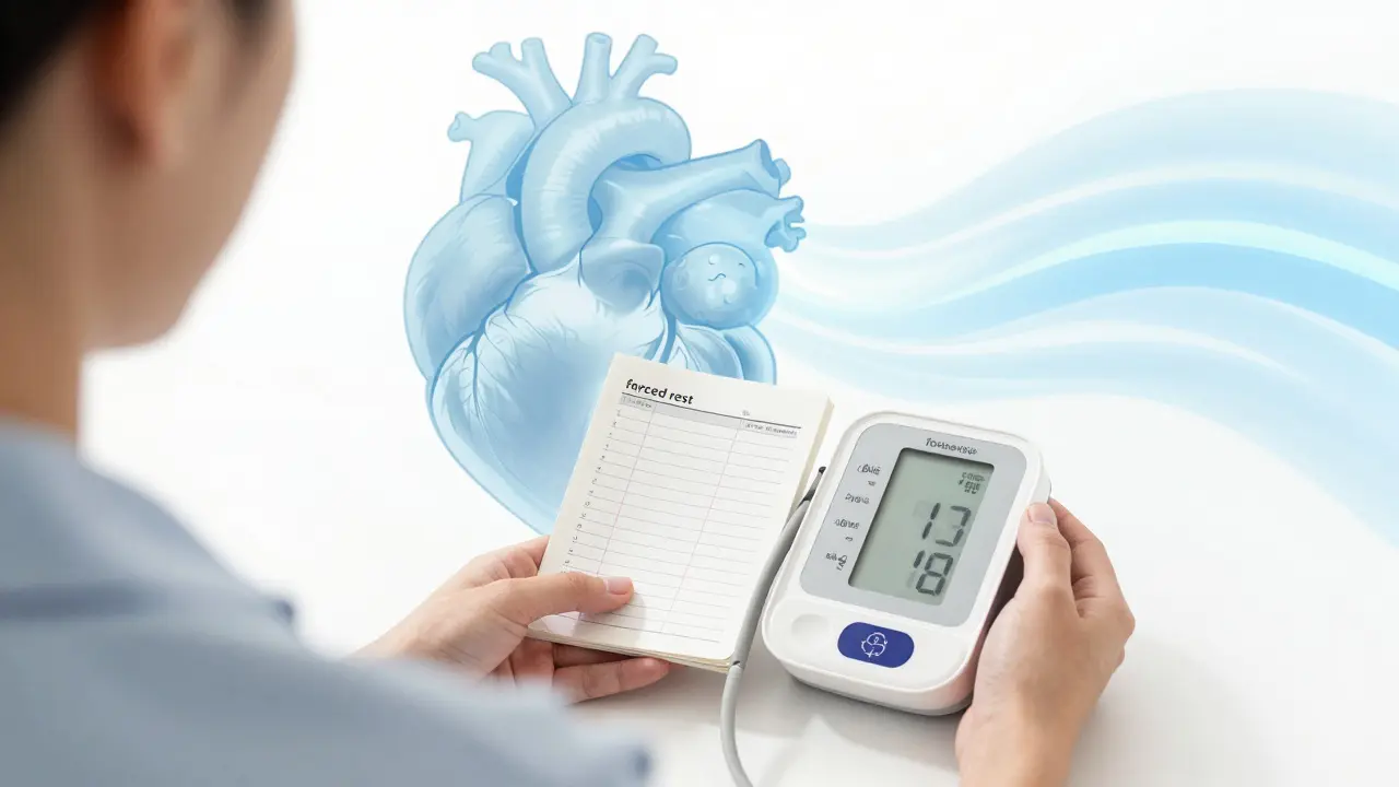 Manga illustration of a patient logging blood pressure with a peaceful heart symbol in the background.