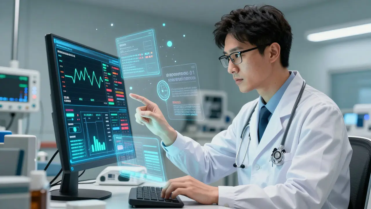 Manga scene of a doctor using a high-tech digital dashboard for drug safety monitoring.