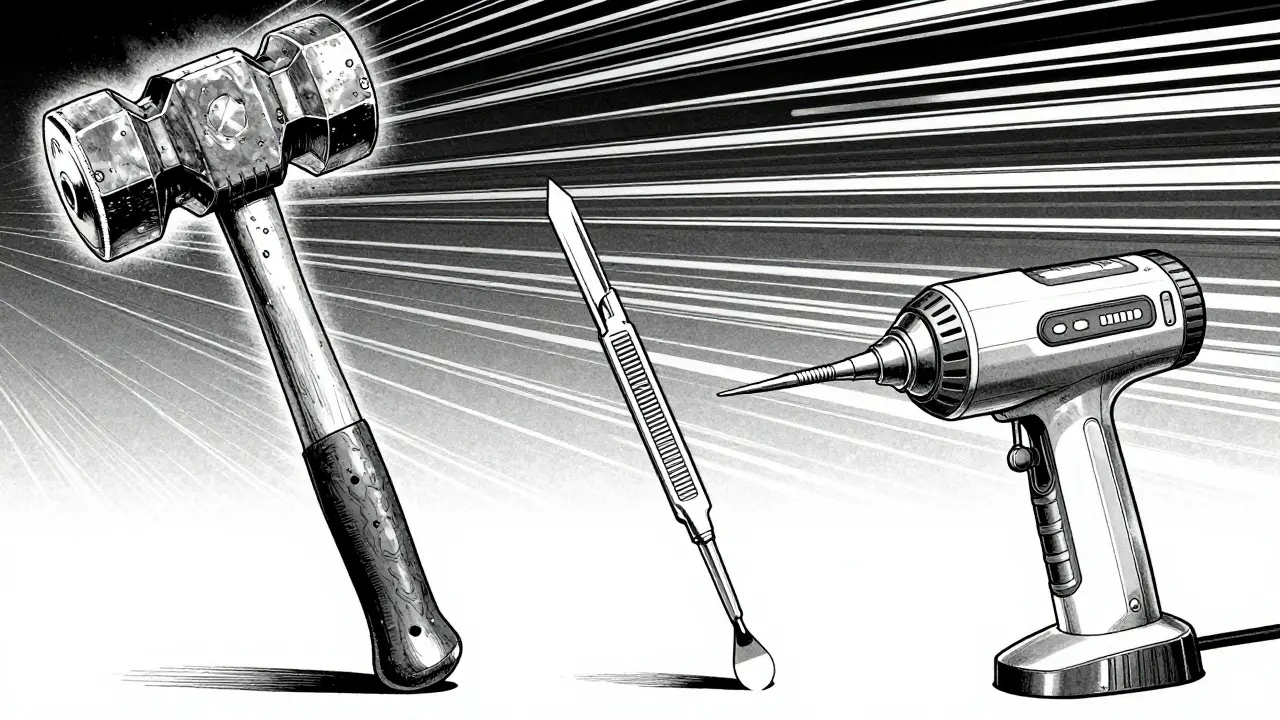 Manga style sequence of a sledgehammer, a scalpel, and a laser tool symbolizing medical evolution.
