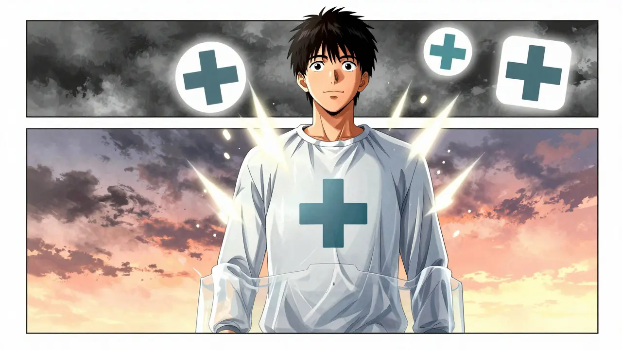 Resilient figure protected by therapy aura standing in hopeful dawn light.