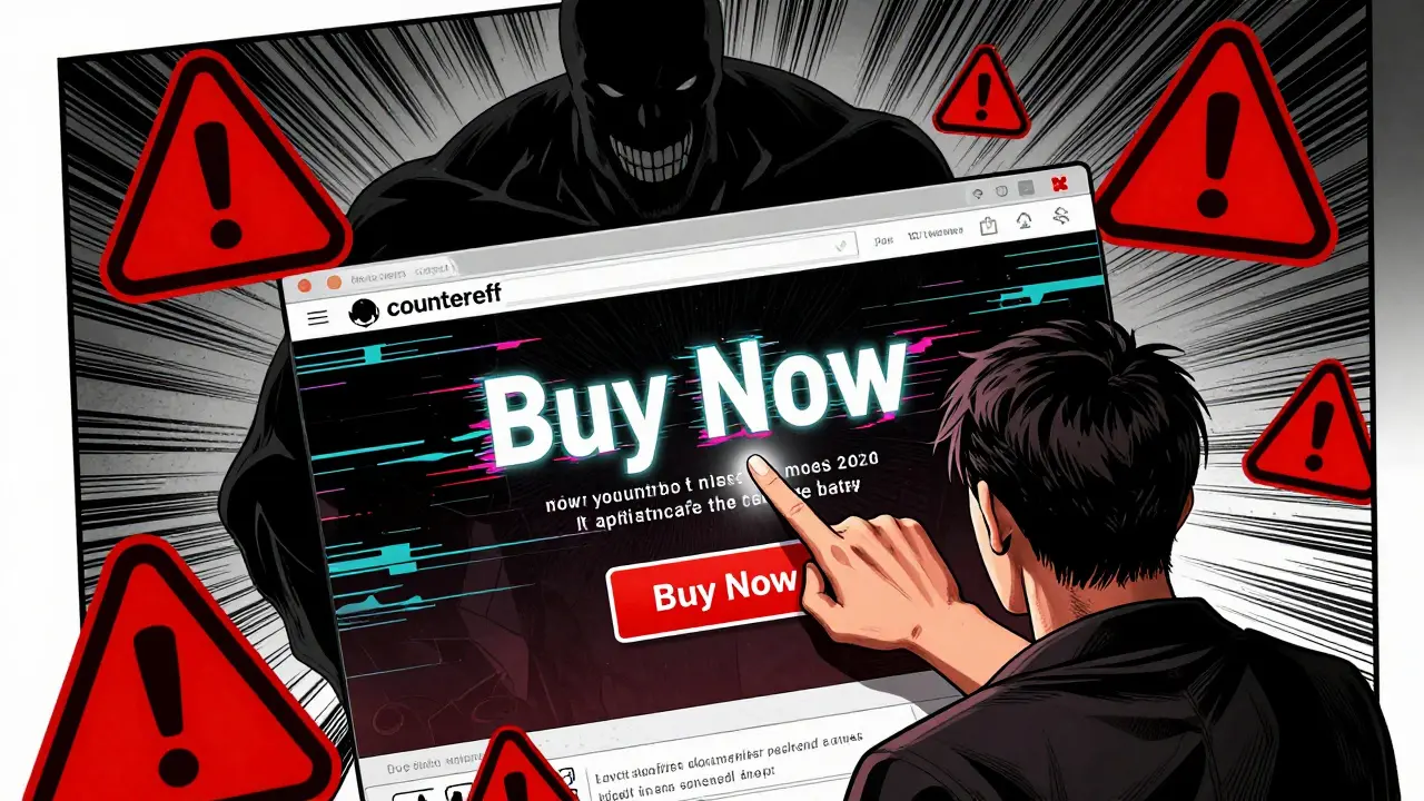 Warning against a suspicious online pharmacy website in manga style